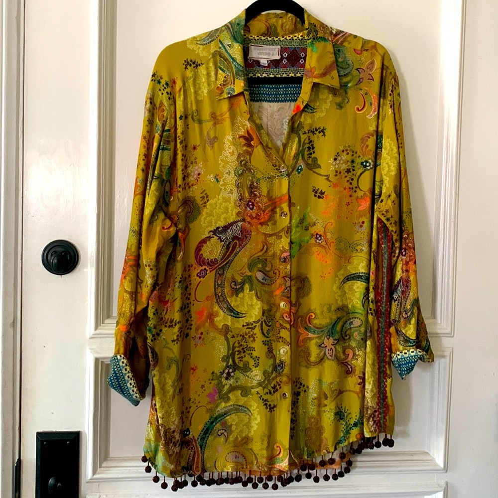 Johnny Was oversized paisley floral silk button down with beaded embellishments